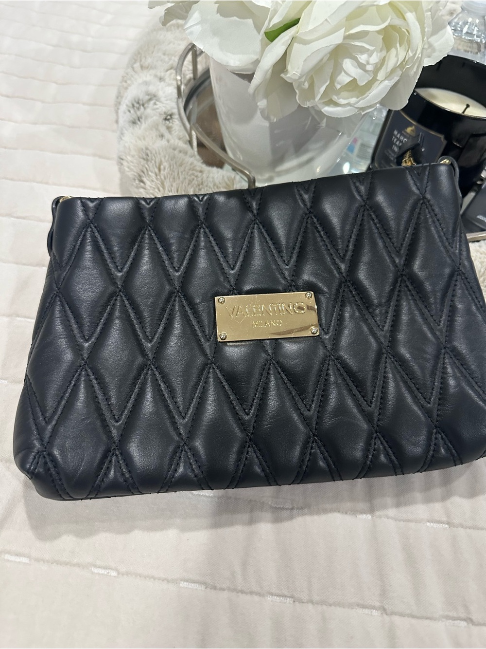 Valentino Black Quilted Clutch with Gold Plaque